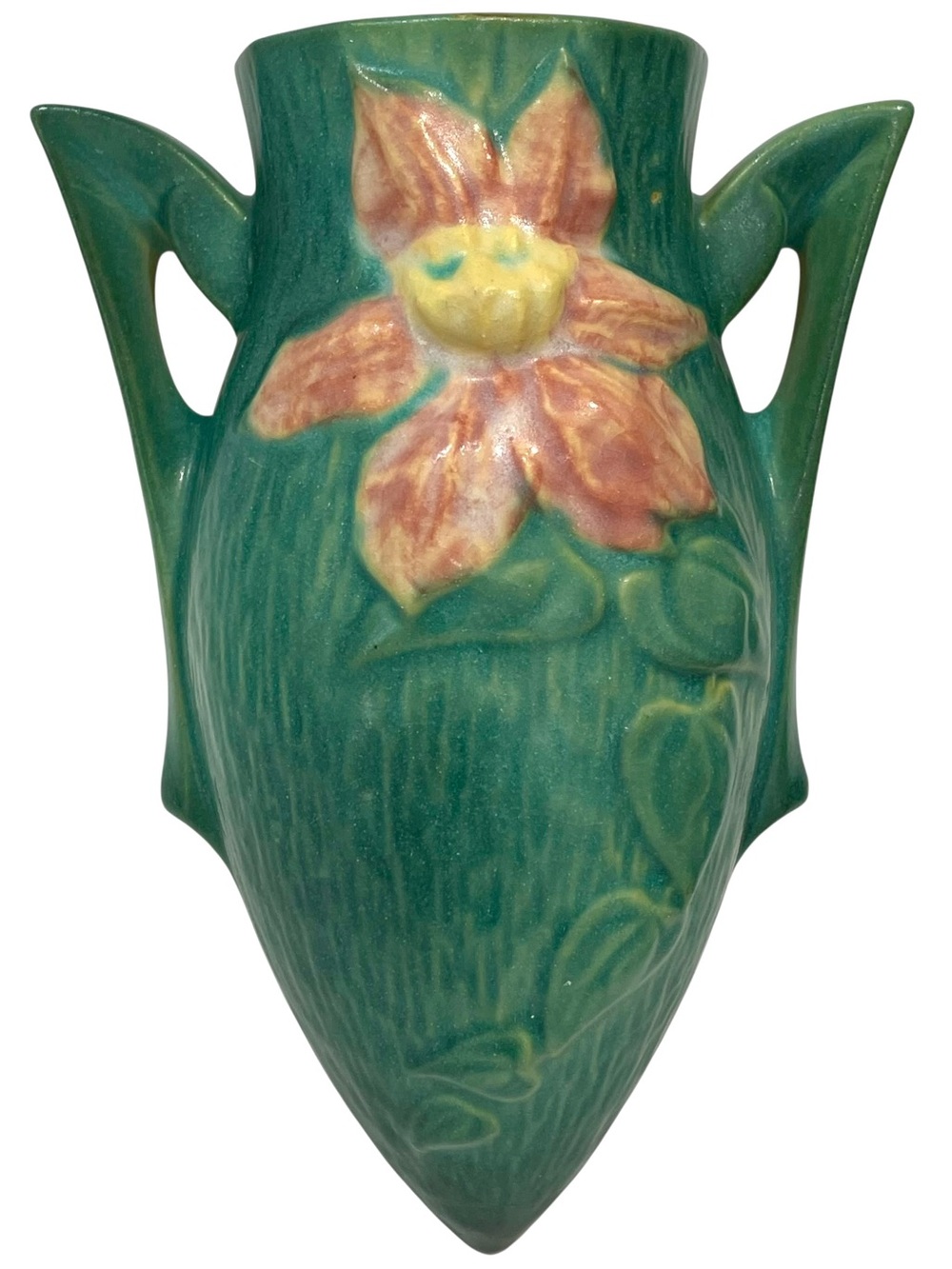 Vintage 1940s Roseville Pottery "Clematis" Forest Green Wall Pocket #1295-8 USA